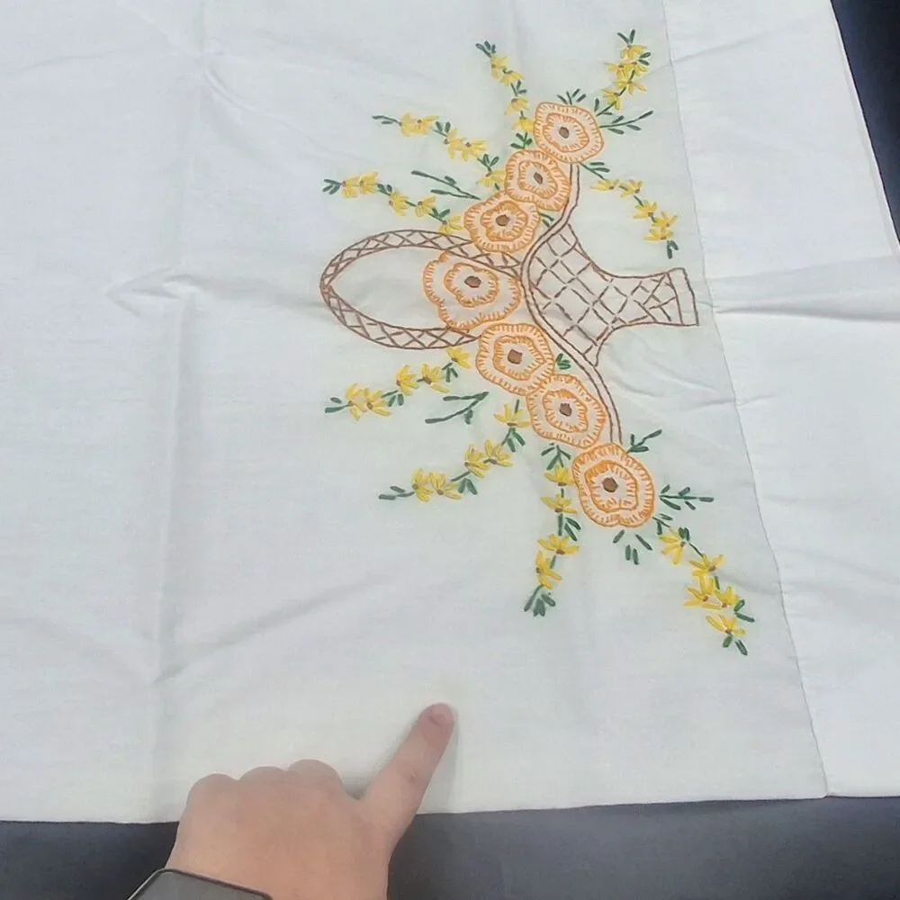 Vintage Pair of Floral Hand Embroidered Pillowcases Basket Of Flower Cottagecore